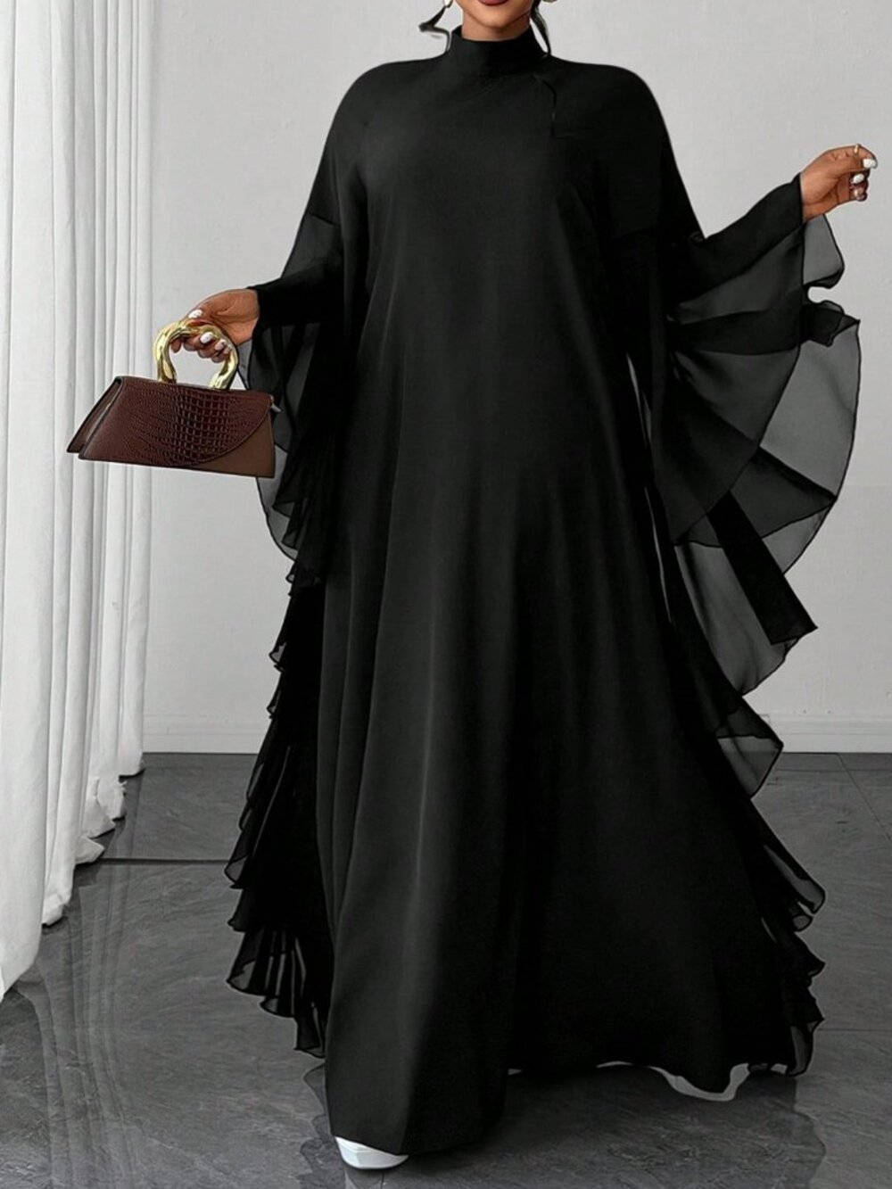 Black Modest Women's Flutter Sleeve Loose Flattering Dress - Picture 1 of 7